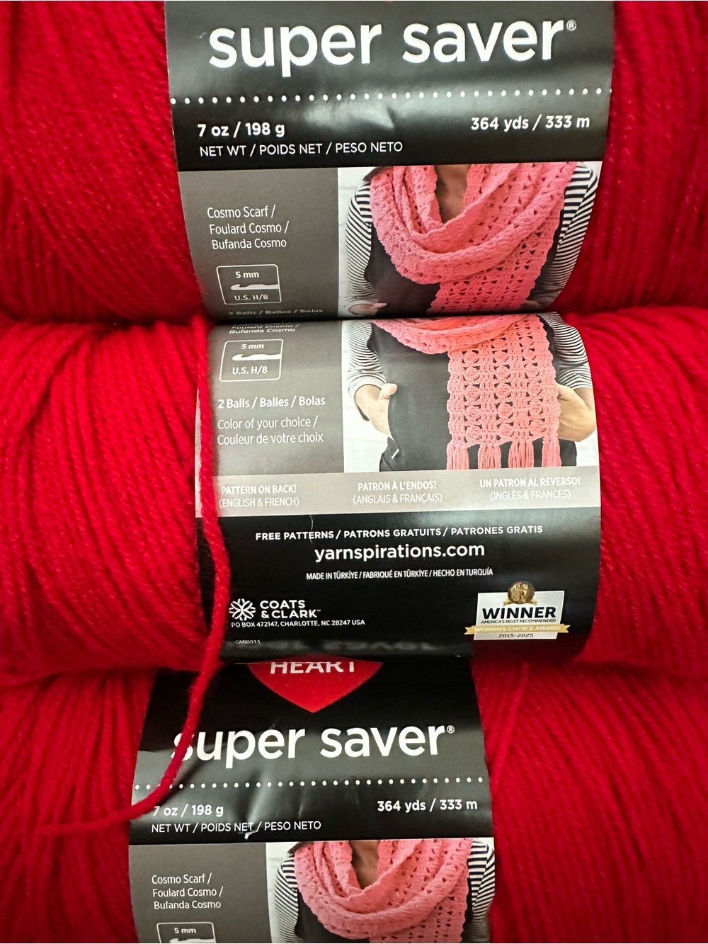 Red Heart Brand 'Super Saver' Acrylic Yarn - Brand New Cherry Red Lot of 6